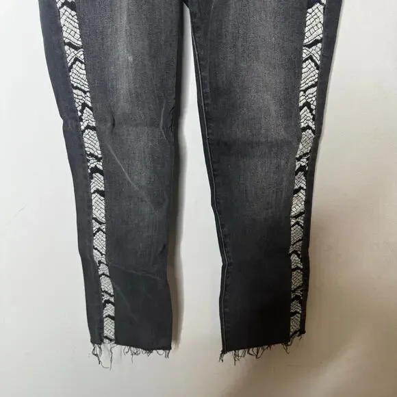 Driftwood Colette Jeans 26 Black Embroidered Side Stripe Boho Frayed Hem Denim‎ - Picture 13 of 15